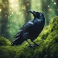 Raven in a green magical forest, Highly Detailed, Bokeh effect, Sharp Focus, Volumetric Lighting, Fantasy by Stefan Kostic