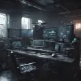 A dark industrial desk from the future with many monitors, Photo Realistic, Volumetric light effect, Octane Render, Unreal Engine, Ambient Occlusion, Maximalism, Industrial by Greg Rutkowski