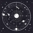 Stencil of astronomy horoscope in space with stars, planets, shooting stars and moon, Digital Illustration