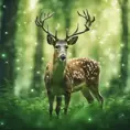 Deer in a green magical forest, Highly Detailed, Bokeh effect, Sharp Focus, Volumetric Lighting, Fantasy by Stefan Kostic