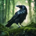 Raven in a green magical forest, Highly Detailed, Bokeh effect, Sharp Focus, Volumetric Lighting, Fantasy by Stefan Kostic