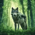 Wolf in a green magical forest, Highly Detailed, Bokeh effect, Sharp Focus, Volumetric Lighting, Fantasy by Stefan Kostic