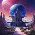 Cosmic round beautiful indigo temple in the center of a futuristic community. Extraterrestrial landscape. Planet sirius. The moon and stars can be seen in the sky even during the day., Sci-Fi, Volumetric Lighting, Vibrant Colors by Greg Rutkowski