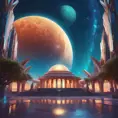 Cosmic round beautiful temple in the center of a futuristic community. Extraterrestrial landscape. Planet sirius. The moon and stars can be seen in the sky even during the day., Sci-Fi, Volumetric Lighting, Vibrant Colors by Stanley Artgerm Lau