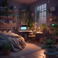 Nostalgic bedroom with a gaming pc, windows, plants bookshelves, desk, 3d art, muted colors, perfect lighting, night time, Highly Detailed, Behance, Isometric, 3D Rendering, Concept Art