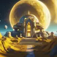 Cosmic round beautiful yellow temple in the center of a futuristic community. Extraterrestrial landscape. Planet sirius. The moon and stars can be seen in the sky even during the day., Sci-Fi, Volumetric Lighting, Vibrant Colors by WLOP