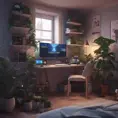 Nostalgic bedroom with a gaming pc, windows, plants bookshelves, desk, 3d art, muted colors, perfect lighting, night time, Highly Detailed, Behance, Isometric, 3D Rendering, Concept Art by WLOP