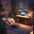 Nostalgic bedroom with a gaming pc, windows, plants bookshelves, desk, 3d art, muted colors, perfect lighting, night time, Highly Detailed, Behance, Isometric, 3D Rendering, Concept Art by Greg Rutkowski