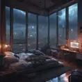 Beautiful cozy bedroom with floor to ceiling glass windows overlooking a cyberpunk city at night, thunderstorm outside with torrential rain, High Resolution, Highly Detailed, Darkwave, Gloomy by WLOP