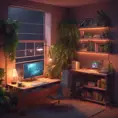 Nostalgic bedroom with a gaming pc, windows, plants bookshelves, desk, 3d art, muted colors, perfect lighting, night time, Highly Detailed, Behance, Isometric, 3D Rendering, Concept Art by Greg Rutkowski