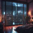 Beautiful cozy bedroom with floor to ceiling glass windows overlooking a cyberpunk city at night, thunderstorm outside with torrential rain, High Resolution, Highly Detailed, Darkwave, Gloomy