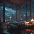 Beautiful cozy bedroom with floor to ceiling glass windows overlooking a cyberpunk city at night, thunderstorm outside with torrential rain, High Resolution, Highly Detailed, Darkwave, Gloomy by Stanley Artgerm Lau