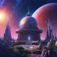 Cosmic round beautiful indigo temple in the center of a futuristic community. Extraterrestrial landscape. Planet sirius. The moon and stars can be seen in the sky even during the day., Sci-Fi, Volumetric Lighting, Vibrant Colors by Greg Rutkowski