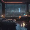 Beautiful cozy bedroom with floor to ceiling glass windows overlooking a cyberpunk city at night, thunderstorm outside with torrential rain, High Resolution, Highly Detailed, Darkwave, Gloomy by WLOP