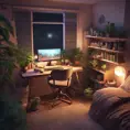 Nostalgic bedroom with a gaming pc, windows, plants bookshelves, desk, 3d art, muted colors, perfect lighting, night time, Highly Detailed, Behance, Isometric, 3D Rendering, Concept Art