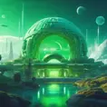 Cosmic round beautiful green temple in the center of a futuristic community. Extraterrestrial landscape. Planet sirius. The moon and stars can be seen in the sky even during the day., Sci-Fi, Volumetric Lighting, Vibrant Colors by Beeple