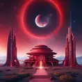 Cosmic round beautiful red temple in the center of a futuristic community. Extraterrestrial landscape. Planet sirius. The moon and stars can be seen in the sky even during the day., Sci-Fi, Volumetric Lighting, Vibrant Colors by Stefan Kostic