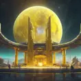 Cosmic round beautiful yellow temple in the center of a futuristic community. Extraterrestrial landscape. Planet sirius. The moon and stars can be seen in the sky even during the day., Sci-Fi, Volumetric Lighting, Vibrant Colors by WLOP