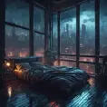 Beautiful cozy bedroom with floor to ceiling glass windows overlooking a cyberpunk city at night, thunderstorm outside with torrential rain, High Resolution, Highly Detailed, Darkwave, Gloomy