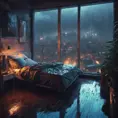 Beautiful cozy bedroom with floor to ceiling glass windows overlooking a cyberpunk city at night, thunderstorm outside with torrential rain, High Resolution, Highly Detailed, Darkwave, Gloomy by Stefan Kostic