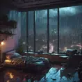 Beautiful cozy bedroom with floor to ceiling glass windows overlooking a cyberpunk city at night, thunderstorm outside with torrential rain, High Resolution, Highly Detailed, Darkwave, Gloomy by Stefan Kostic