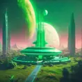 Cosmic round beautiful green temple in the center of a futuristic community. Extraterrestrial landscape. Planet sirius. The moon and stars can be seen in the sky even during the day., Sci-Fi, Volumetric Lighting, Vibrant Colors by Beeple