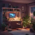 Nostalgic bedroom with a gaming pc, windows, plants bookshelves, desk, 3d art, muted colors, perfect lighting, night time, Highly Detailed, Behance, Isometric, 3D Rendering, Concept Art by Stefan Kostic