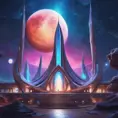 Cosmic round beautiful temple in the center of a futuristic community. Extraterrestrial landscape. Planet sirius. The moon and stars can be seen in the sky even during the day., Sci-Fi, Volumetric Lighting, Vibrant Colors by Stanley Artgerm Lau