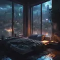 Beautiful cozy bedroom with floor to ceiling glass windows overlooking a cyberpunk city at night, thunderstorm outside with torrential rain, High Resolution, Highly Detailed, Darkwave, Gloomy by Greg Rutkowski