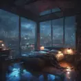 Beautiful cozy bedroom with floor to ceiling glass windows overlooking a cyberpunk city at night, thunderstorm outside with torrential rain, High Resolution, Highly Detailed, Darkwave, Gloomy by Stanley Artgerm Lau