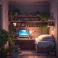 Nostalgic bedroom with a gaming pc, windows, plants bookshelves, desk, 3d art, muted colors, perfect lighting, night time, Highly Detailed, Behance, Isometric, 3D Rendering, Concept Art by Stanley Artgerm Lau