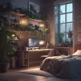 Nostalgic bedroom with a gaming pc, windows, plants bookshelves, desk, 3d art, muted colors, perfect lighting, night time, Highly Detailed, Behance, Isometric, 3D Rendering, Concept Art by WLOP