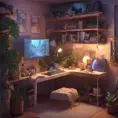 Nostalgic bedroom with a gaming pc, windows, plants bookshelves, desk, 3d art, muted colors, perfect lighting, night time, Highly Detailed, Behance, Isometric, 3D Rendering, Concept Art by Stanley Artgerm Lau