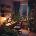 Nostalgic bedroom with a gaming pc, windows, plants bookshelves, desk, 3d art, muted colors, perfect lighting, night time, Highly Detailed, Behance, Isometric, 3D Rendering, Concept Art by Stefan Kostic