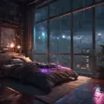 Beautiful cozy bedroom with floor to ceiling glass windows overlooking a cyberpunk city at night, thunderstorm outside with torrential rain, High Resolution, Highly Detailed, Darkwave, Gloomy