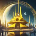 Cosmic round beautiful yellow temple in the center of a futuristic community. Extraterrestrial landscape. Planet sirius. The moon and stars can be seen in the sky even during the day., Sci-Fi, Volumetric Lighting, Vibrant Colors by WLOP