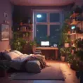 Nostalgic bedroom with a gaming pc, windows, plants bookshelves, desk, 3d art, muted colors, perfect lighting, night time, Highly Detailed, Behance, Isometric, 3D Rendering, Concept Art by Stefan Kostic