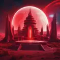 Cosmic round beautiful red temple in the center of a futuristic community. Extraterrestrial landscape. Planet sirius. The moon and stars can be seen in the sky even during the day., Sci-Fi, Volumetric Lighting, Vibrant Colors by Stefan Kostic