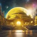 Cosmic round beautiful yellow temple in the center of a futuristic community. Extraterrestrial landscape. Planet sirius. The moon and stars can be seen in the sky even during the day., Sci-Fi, Volumetric Lighting, Vibrant Colors by WLOP