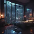 Beautiful cozy bedroom with floor to ceiling glass windows overlooking a cyberpunk city at night, thunderstorm outside with torrential rain, High Resolution, Highly Detailed, Darkwave, Gloomy by Greg Rutkowski