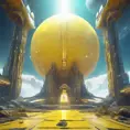 Cosmic round beautiful yellow temple in the center of a futuristic community. Extraterrestrial landscape. Planet sirius. The moon and stars can be seen in the sky even during the day., Sci-Fi, Volumetric Lighting, Vibrant Colors by WLOP