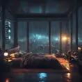 Beautiful cozy bedroom with floor to ceiling glass windows overlooking a cyberpunk city at night, thunderstorm outside with torrential rain, High Resolution, Highly Detailed, Darkwave, Gloomy