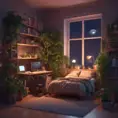 Nostalgic bedroom with a gaming pc, windows, plants bookshelves, desk, 3d art, muted colors, perfect lighting, night time, Highly Detailed, Behance, Isometric, 3D Rendering, Concept Art by Stefan Kostic