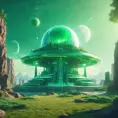 Cosmic round beautiful green temple in the center of a futuristic community. Extraterrestrial landscape. Planet sirius. The moon and stars can be seen in the sky even during the day., Sci-Fi, Volumetric Lighting, Vibrant Colors by Beeple