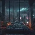 Beautiful cozy bedroom with floor to ceiling glass windows overlooking a cyberpunk city at night, thunderstorm outside with torrential rain, High Resolution, Highly Detailed, Darkwave, Gloomy