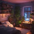 Nostalgic bedroom with a gaming pc, windows, plants bookshelves, desk, 3d art, muted colors, perfect lighting, night time, Highly Detailed, Behance, Isometric, 3D Rendering, Concept Art by Greg Rutkowski