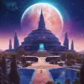 Cosmic round beautiful indigo temple in the center of a futuristic community. Extraterrestrial landscape. Planet sirius. The moon and stars can be seen in the sky even during the day., Sci-Fi, Volumetric Lighting, Vibrant Colors by Greg Rutkowski