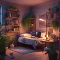 Nostalgic bedroom with a gaming pc, windows, plants bookshelves, desk, 3d art, muted colors, perfect lighting, night time, Highly Detailed, Behance, Isometric, 3D Rendering, Concept Art