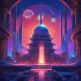 Cosmic round beautiful indigo temple in the center of a futuristic community. Extraterrestrial landscape. Planet sirius. The moon and stars can be seen in the sky even during the day., Sci-Fi, Volumetric Lighting, Vibrant Colors by Greg Rutkowski