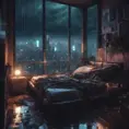 Beautiful cozy bedroom with floor to ceiling glass windows overlooking a cyberpunk city at night, thunderstorm outside with torrential rain, High Resolution, Highly Detailed, Darkwave, Gloomy